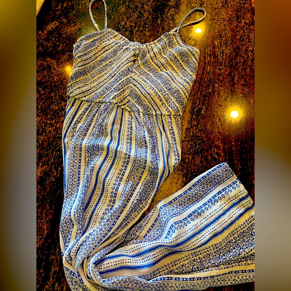 Large maxi blue white tribal beach festival japna dress adjustable straps